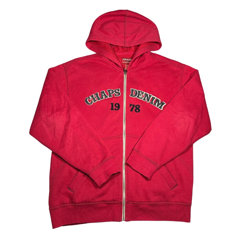 Y2K Chaps Denim Mens Red Full Zip Hoodie Sweatshirt Applique Logo 1978 Fleece